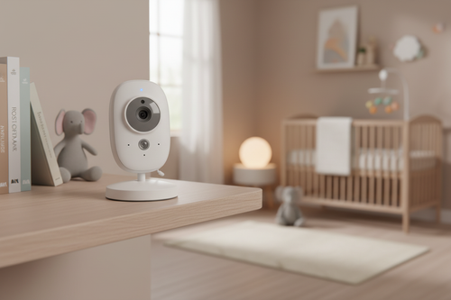 Baby monitor camera in a modern gender-neutral nursery